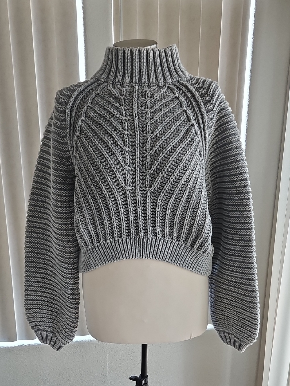 Free People Gray Cable-Knit Cropped Turtleneck Sweater